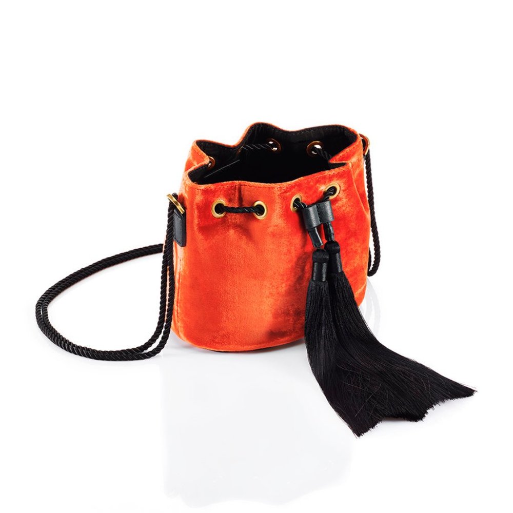 NWT Shanghai Tang Mini Velvet Bucket Evening Bag Orange